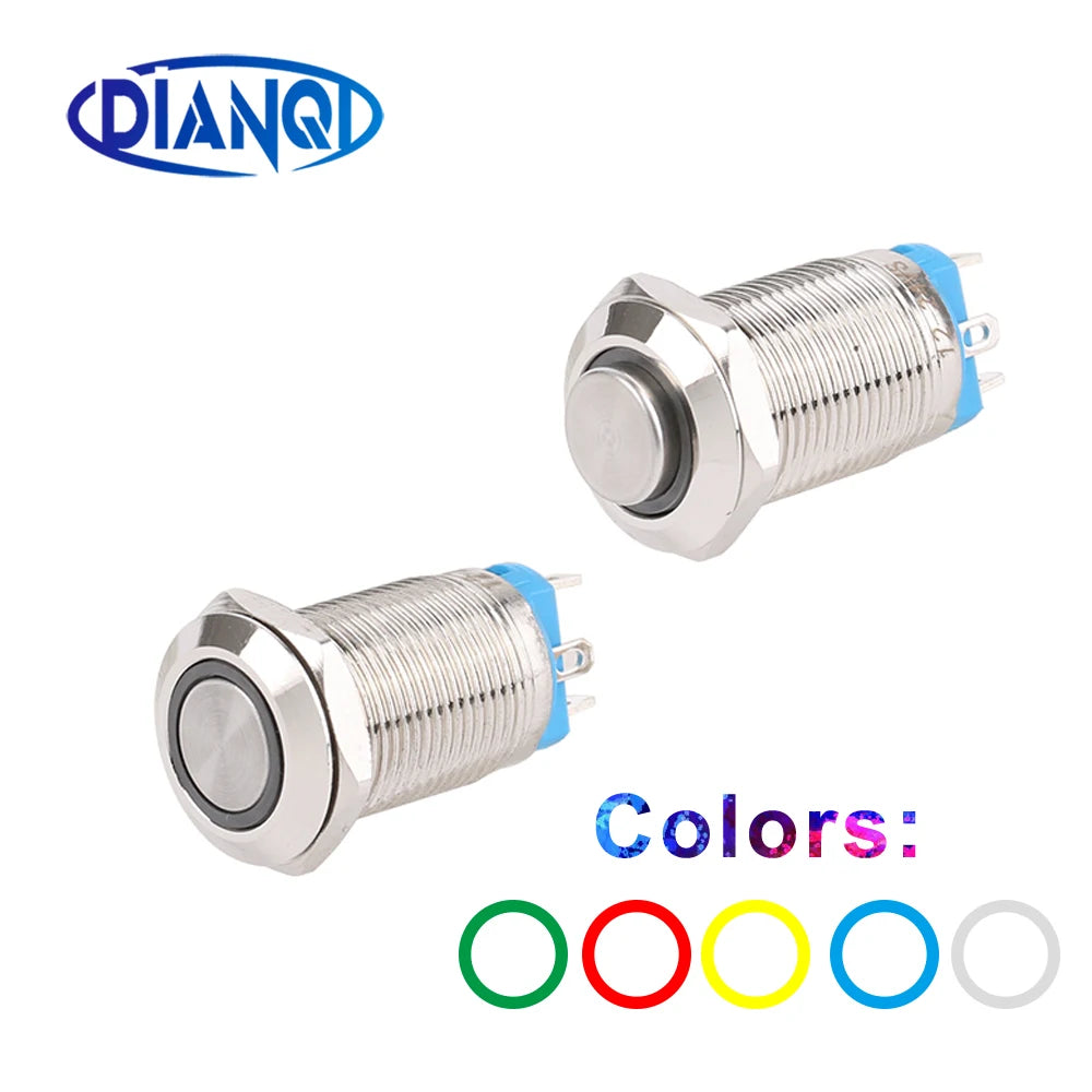 1pc 12mm Anti-Vandal Metal Push Button Switches High Flat Round With LED Green Red Blue White 3V 12V Momentary Latching Reset