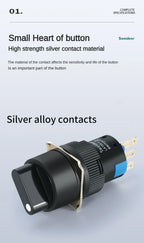 16mm Rotary Knob Push Button Switch 2 3 Positions Latching Self Lock 3/6 Pins Round Square Key Selector Start Up Power Switch