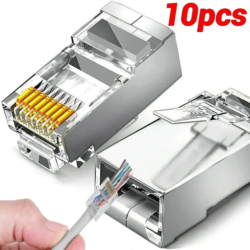 Cat7 Cat6 Shielded Pass Through RJ45 Connectors Cat 5 Gold Plated Modular Plugs for Solid or Stranded FTP/STP Ethernet Cable