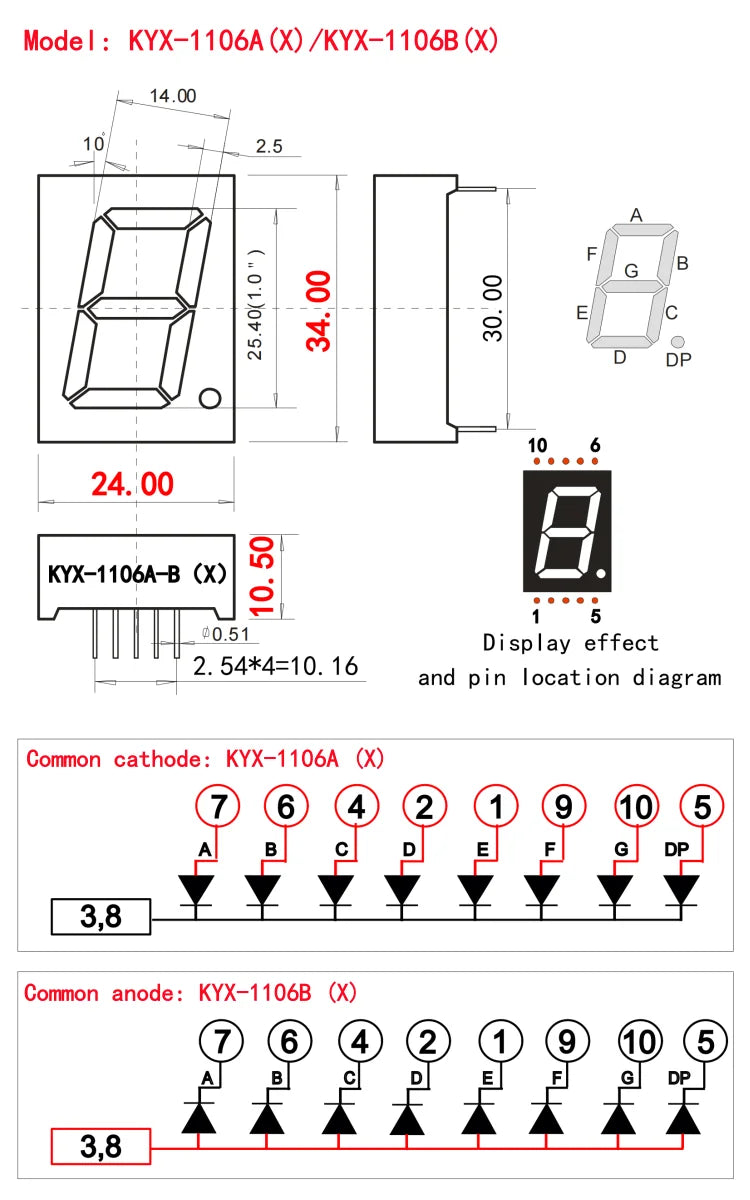 10PCS 1.0-inch digital tube 24mmX34mm digital display screen "8" high 25.4mm 7-segment digital tube 1106series