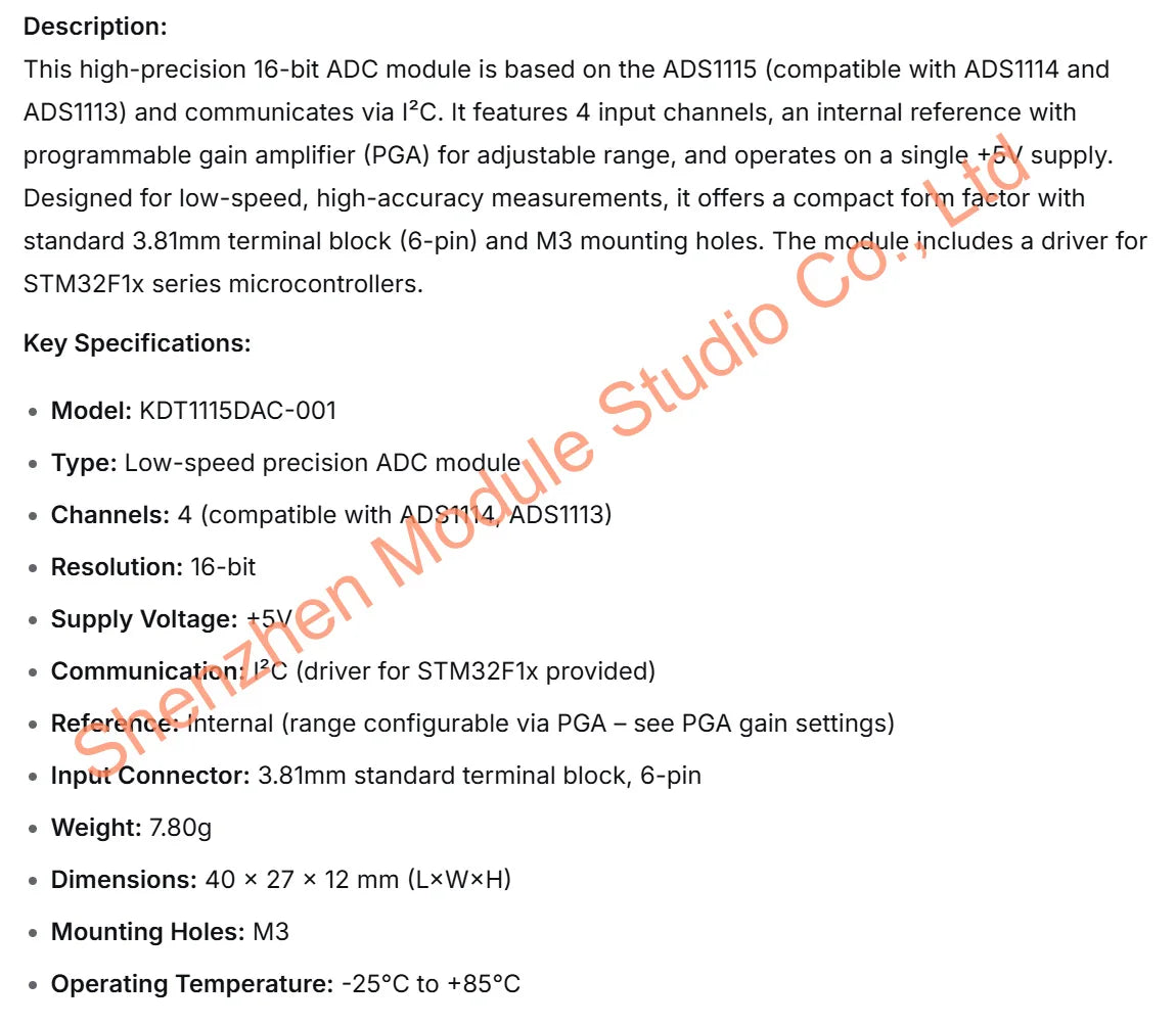 KDT1115DAC-001 ADS1115 16-Bit Precision ADC Module 4-Channel I²C Sampling, Compatible with ADS1113/ADS1114