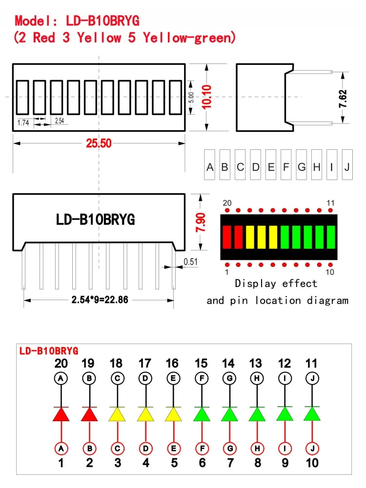 10pcs Multi-Color LED Display Bargraph Light 10 Segments Red Blue Yellow White Green Single Color Battery Level Bar Graph DIY