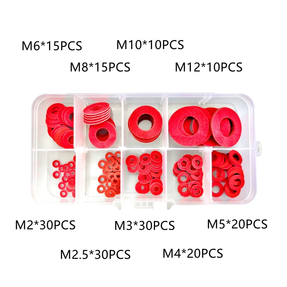 180Pcs Red Steel Paper Insulation Washers Kit, M2-M12 Mica Flat Pad Gaskets, Insulating Spacers for Electrical DIY