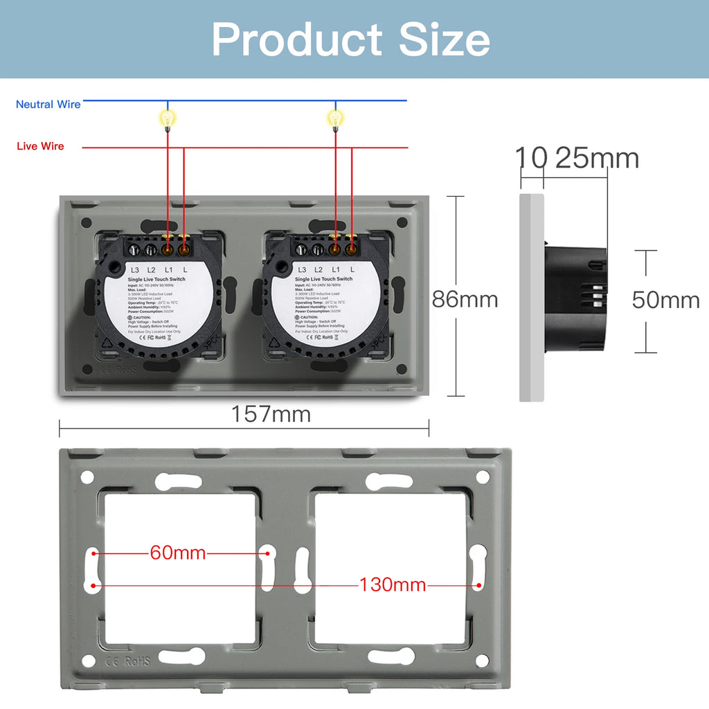 BSEED 1/2/3Gang Touch Switch Double Light Switch Triple Sensor Switch 1Way EU Standard Glass Panel Blue Back Light White Series