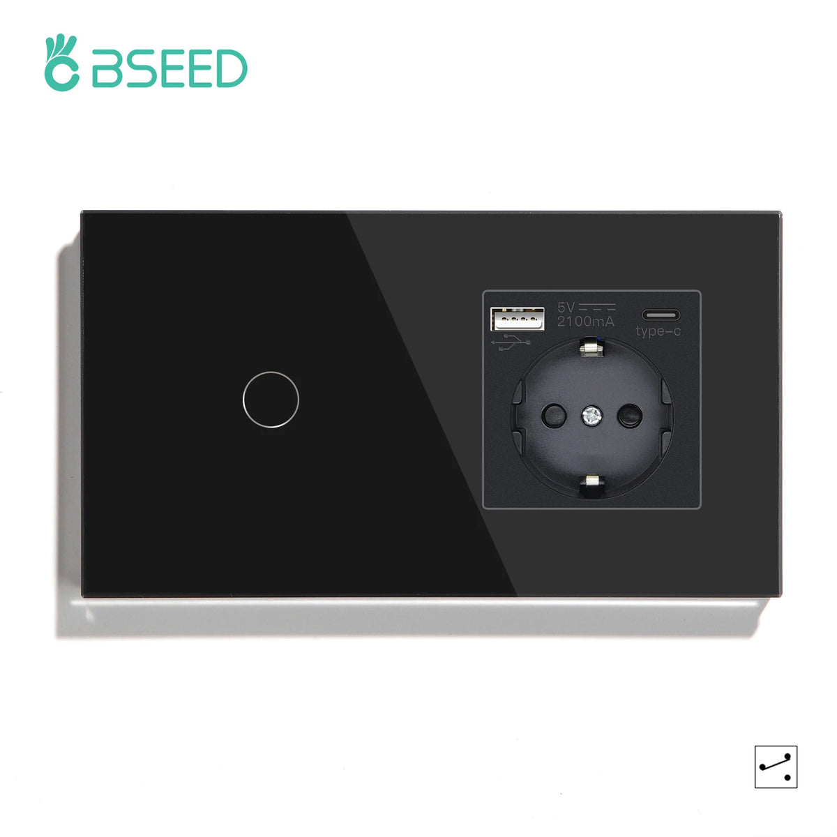 BSEED EU Standard 1/2/3Gang 2Way Wall Touch Switch Light Sensor Switches Wall Socket USB Type-C Crystal Glass Panel 240V Black