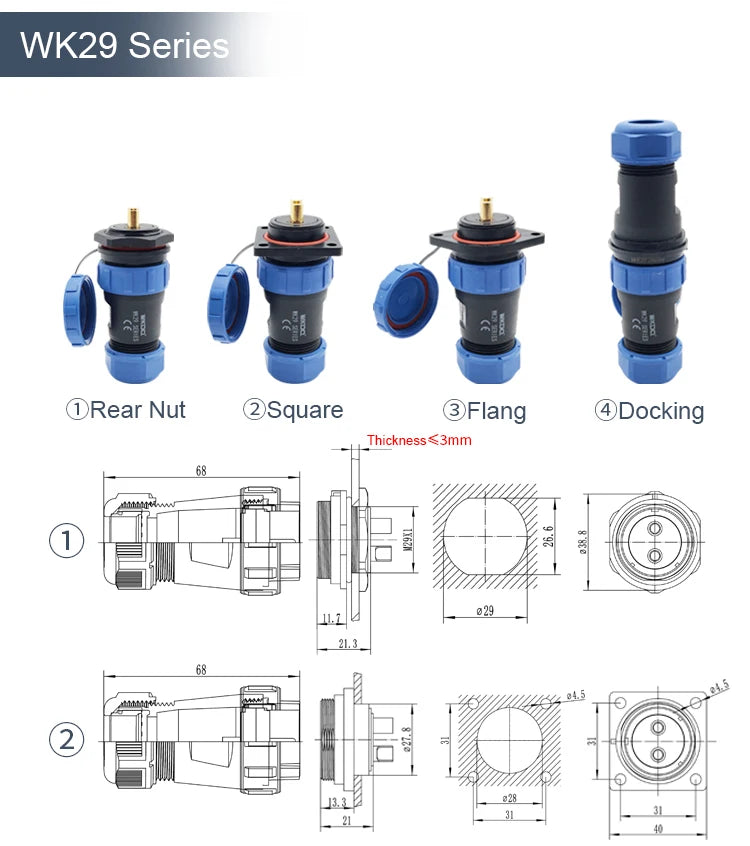 SP29 Square Waterproof Connector Soldering Electric IP68 WK29 Aviation Male Plug Square Back Nut Socket Threaded Cable Connector