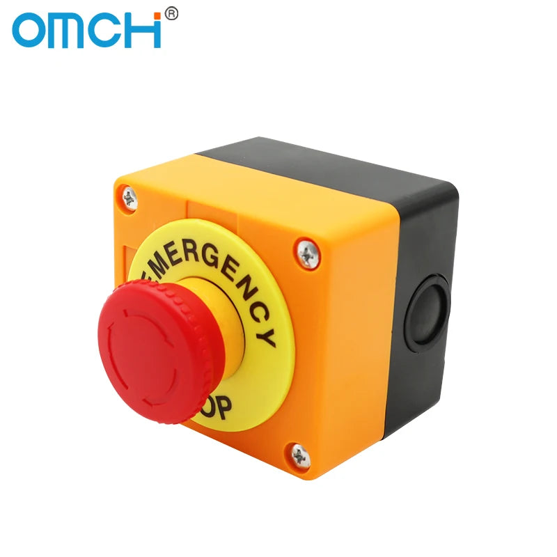 OMCH Self-Locking Button Switch with Box, Mushroom Head, Red Sign, NO + NC, AC660V, 10A, Emergency Stop