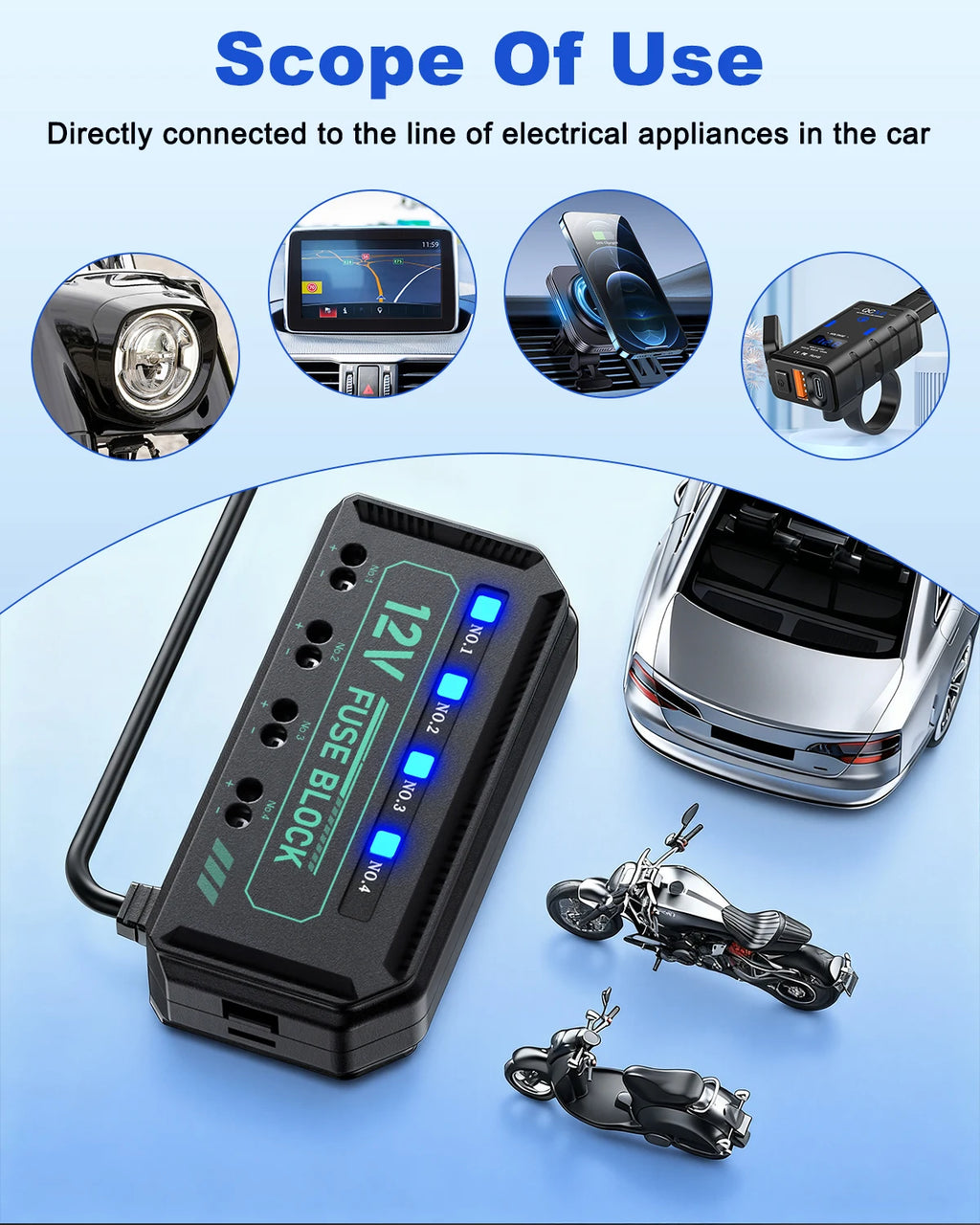 Anchtek 12V Motorcycle Fuse Box Universal Automotive Fuse Block with 4 Circuits Low Profile Mini Blade LED Indicator Fuse Holder