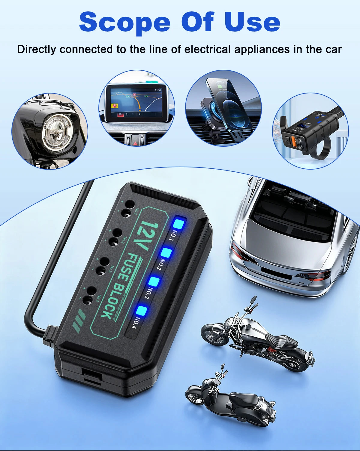 Anchtek 12V Motorcycle Fuse Box Universal Automotive Fuse Block with 4 Circuits Low Profile Mini Blade LED Indicator Fuse Holder