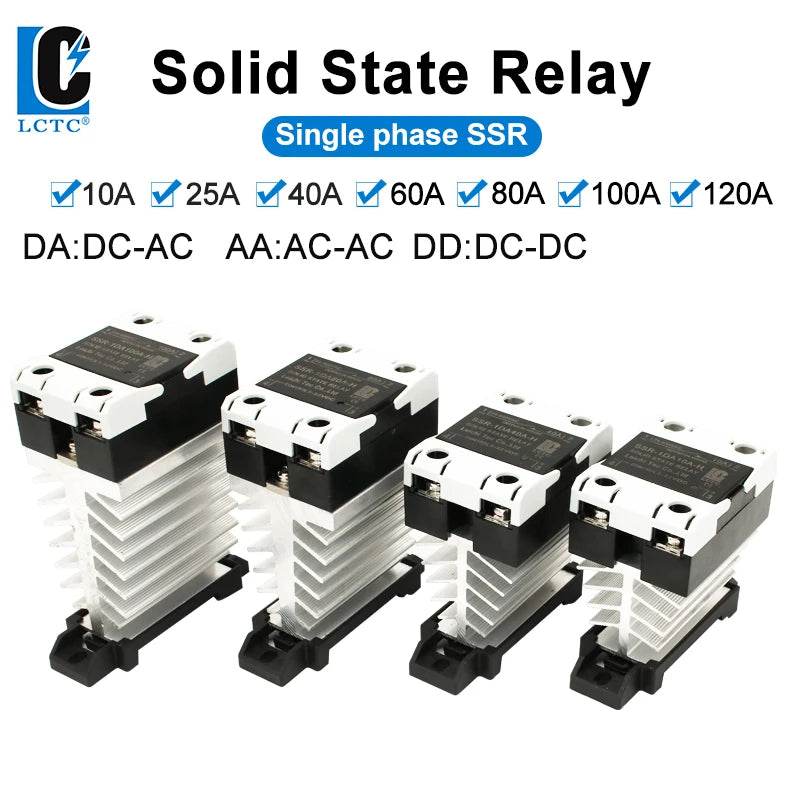 LCTC Solid State Relay Radiator Heat Sink SSR Single Phase DIN Rail 10A 25A 40A 60A 80A 100A 120A DC-AC AC-AA DD Zero Crossing