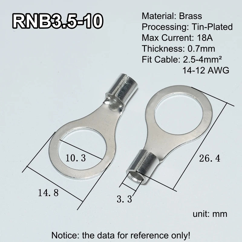 100pcs RNB Brass Ring Bare Terminal Block Connector Cable Lugs Wire Crimping Tips Electrical Connection Strips 12V 2.5mm 4mm 6mm