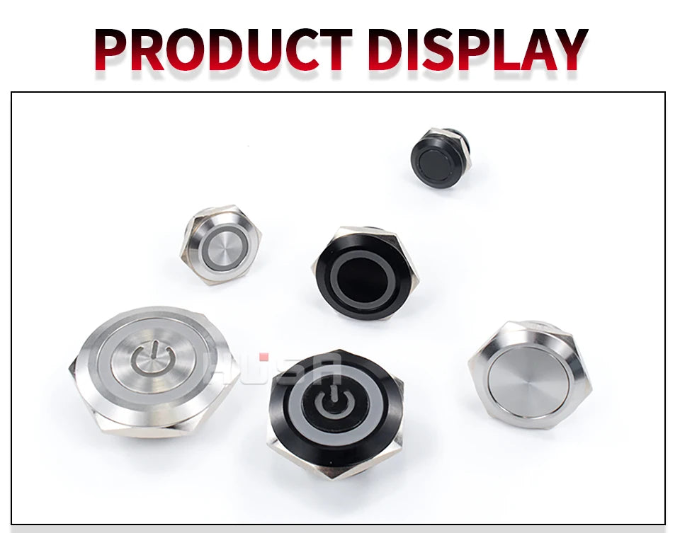 12/16/19/22/25/30mm Short Stroke Mini Waterproof Metal Push Button Switch Power Led Light Momentary 5/12/24/220V Black 1NO