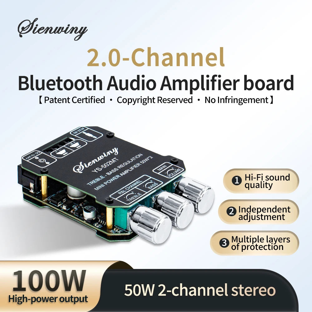 YS-502MT Bluetooth Audio Amplifier Board 2.0 Channel 100W Mini Hi-Fi Stereo Power Amp Module DC 12-24V For Speakers