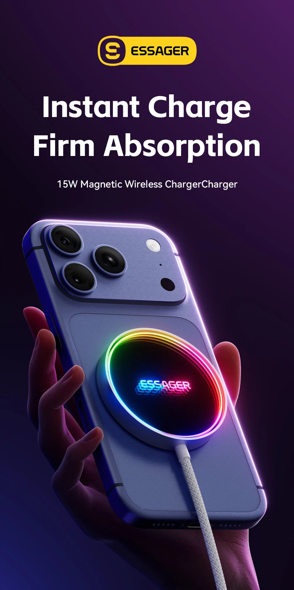 ESSAGER 15W Magnetic Wireless Chargers Qi Qi2 Wireless Charger Fast Charging Pad for iPhone 17 16 15 14 Mini Phone Charger
