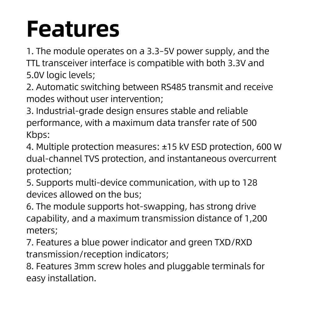 DC 3.3V-5V TTL to RS485 Module UART Level Converter Automatic Flow Control for MCU Serial Communication