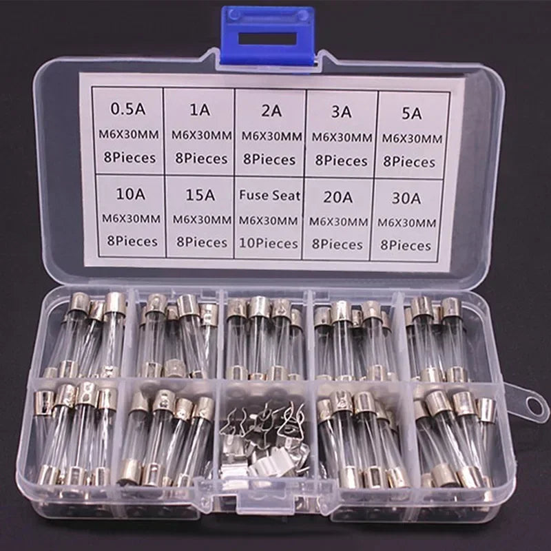100/72pcs Car Fast-blow Glass Fuses Car Glass Tube Fuses 0.2-20A 0.5-30A Assorted Kit for Car Light Inflator Vacuum Cleaner