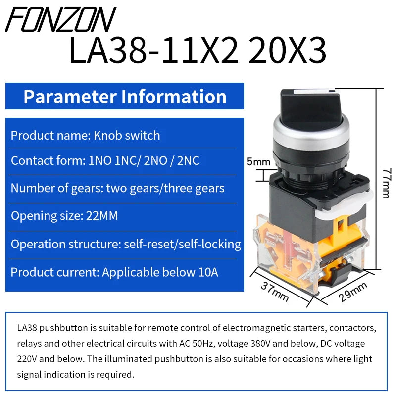 22mm LA38-11X2 20X3 Selector Switch 1NO1NC/2NO/2NC 2/3 gear Rotary Switches Knob Switch Self-lock/Self-reset Momentary Latching