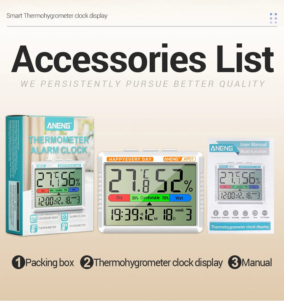 Digital Thermohygrometer Clock ANENG AP01 Snooze Alarm Mode Air Thermometer Humidity Multi-scenario High Precision Tester Tools