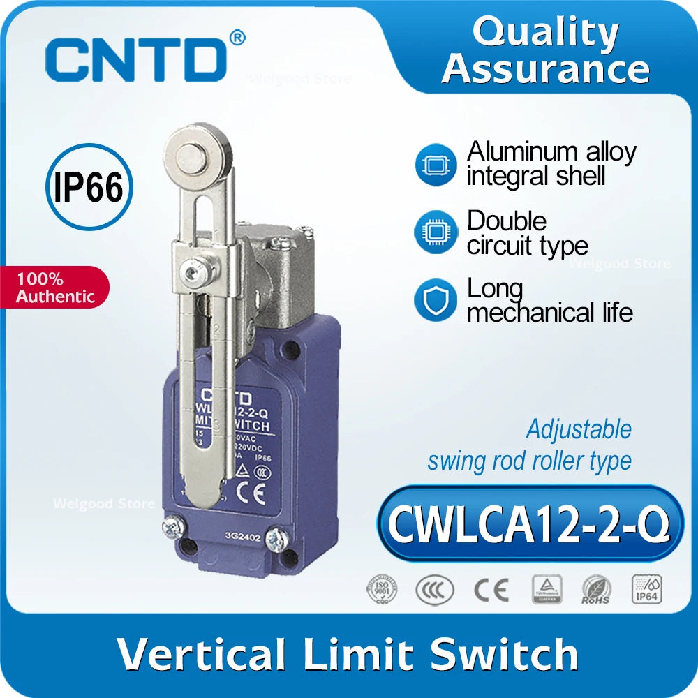 Heavy‑Duty Industrial Limit Switch CNTD CWLCA12‑2‑Q 10A 380VAC IP66 DPDT Za Double‑Break Adjustable Lever Roller Vertical Switch