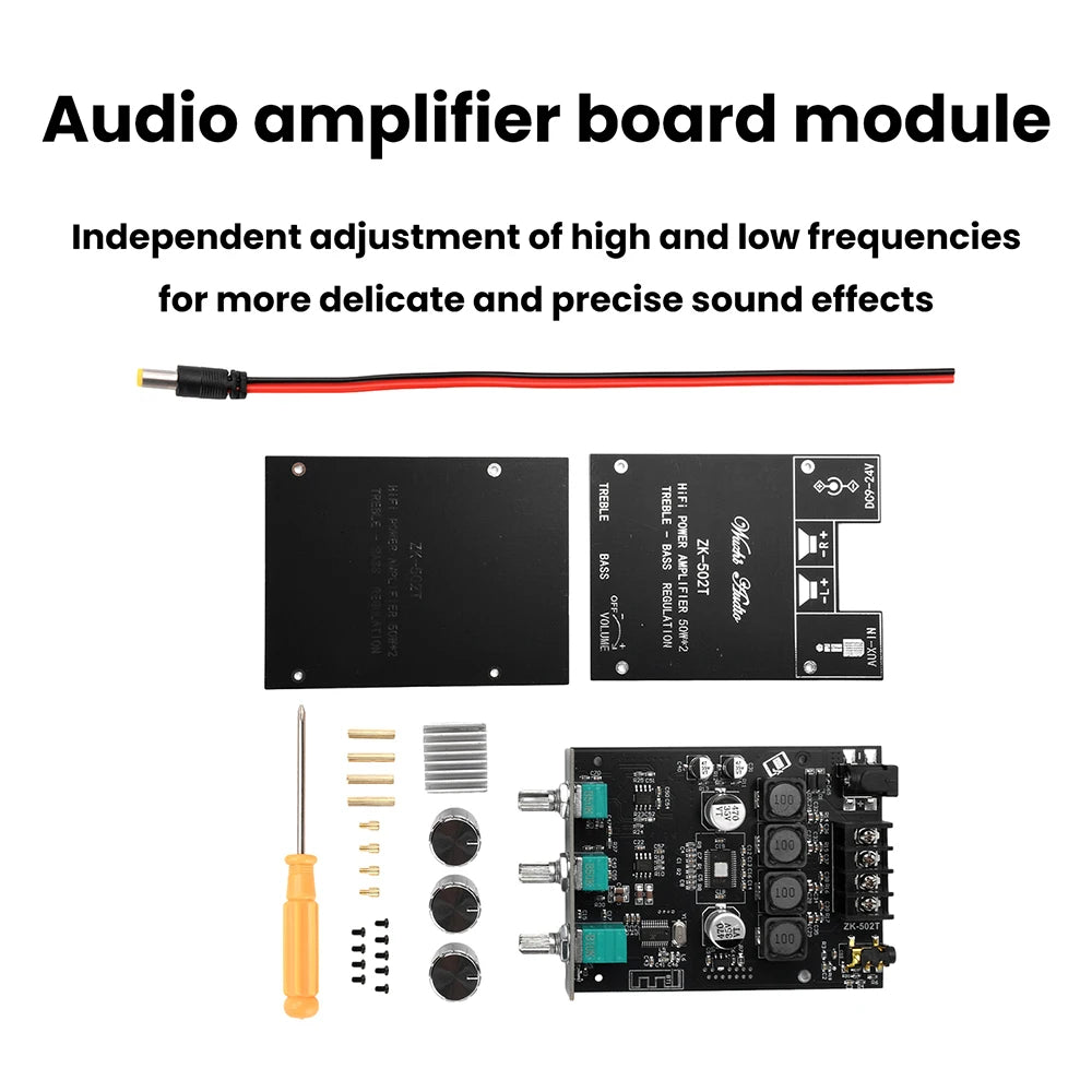 ZK-502T Dual Channel Stereo Power Amplifier Module TPA3116D2 Chip 50Wx2 Bluetooth 5.0 AUX Input DC9-24V High Low Bass Adjustment Audio AMP Board for Speaker DIY