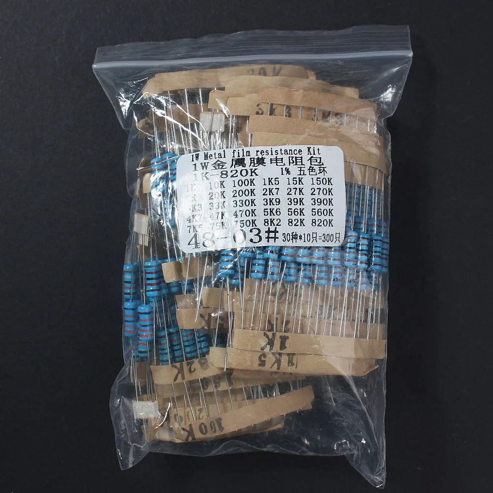 300PCS Metal Film Resistor Set 1/2W 1W 30 Values 0.1R~750R 1K~820K High Precision 1% Assortment Kit for Electronics Repair