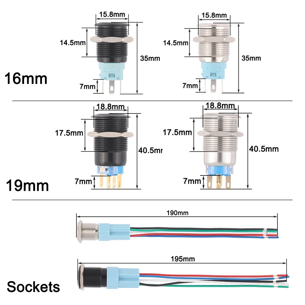 1pc 16mm/19mm Metal push button Switches for car trunk Momentary/latching 12V base 1NO 1NC with sockets
