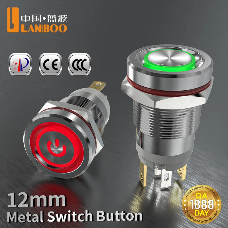 LANBOO 12E 7A High Current 4 Pin Switch Waterproof IP65 Latching or Momentary Micro Metal Push Button Switch with LED 24V220V