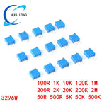 10pc 3296W 50 100 200 500 1K 2K 5K 10K 20K 50K 100K 200K 500K 1M ohm Multiturn Trimmer Potentiometer Precision Variable Resistor
