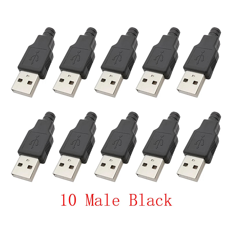 10Pcs USB 2.0 Type A Male Plug/Female Socket 4 Pin Soldering Connector USB Port Charging Data Cable Repair DIY Assembly Adapter