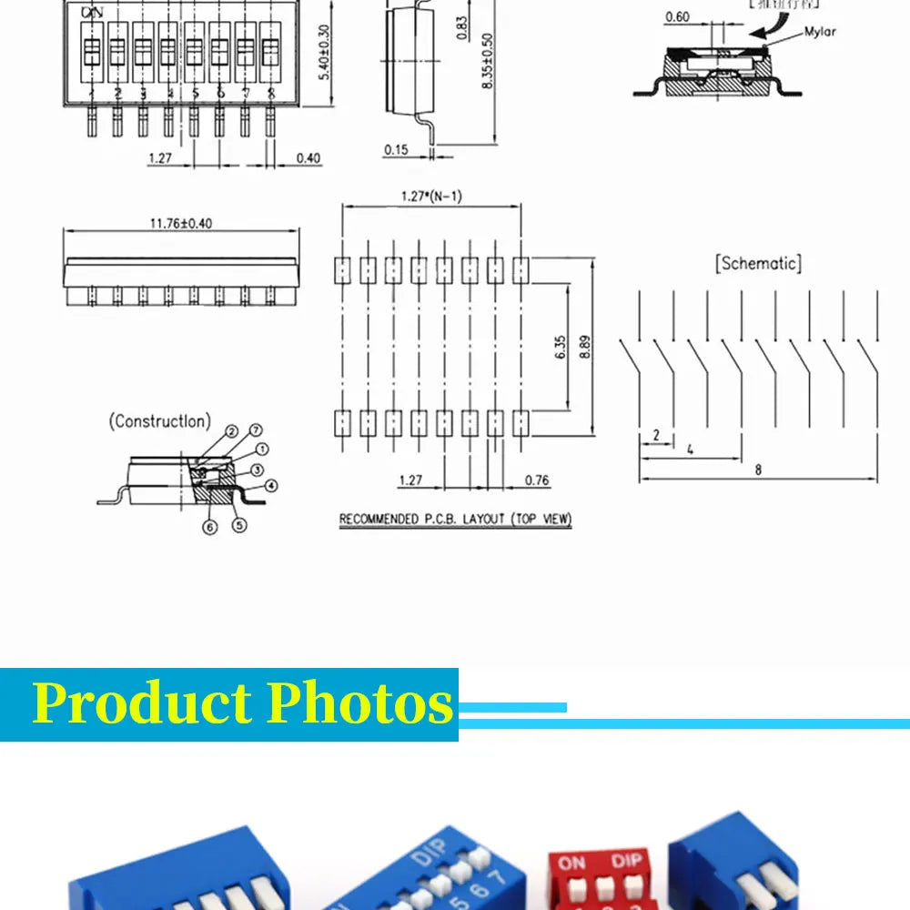 5pcs Slide Type Switch Module 1 2 3 4 5 7 8 10PIN /1.27/2.54mm Position Way SMD/DIP Pitch Toggle Switch Snap Switch Dial Switch