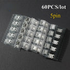 60pcs Socket Connector 5Pin Micro USB Socket Connectors Assortment Set 12 Models SMD DIP Electronics Kit