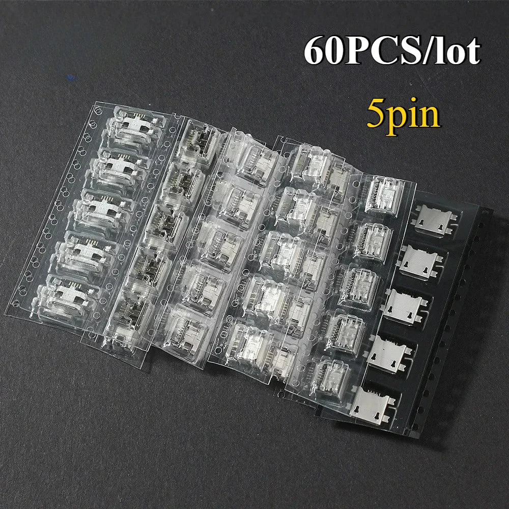 60pcs Socket Connector 5Pin Micro USB Socket Connectors Assortment Set 12 Models SMD DIP Electronics Kit