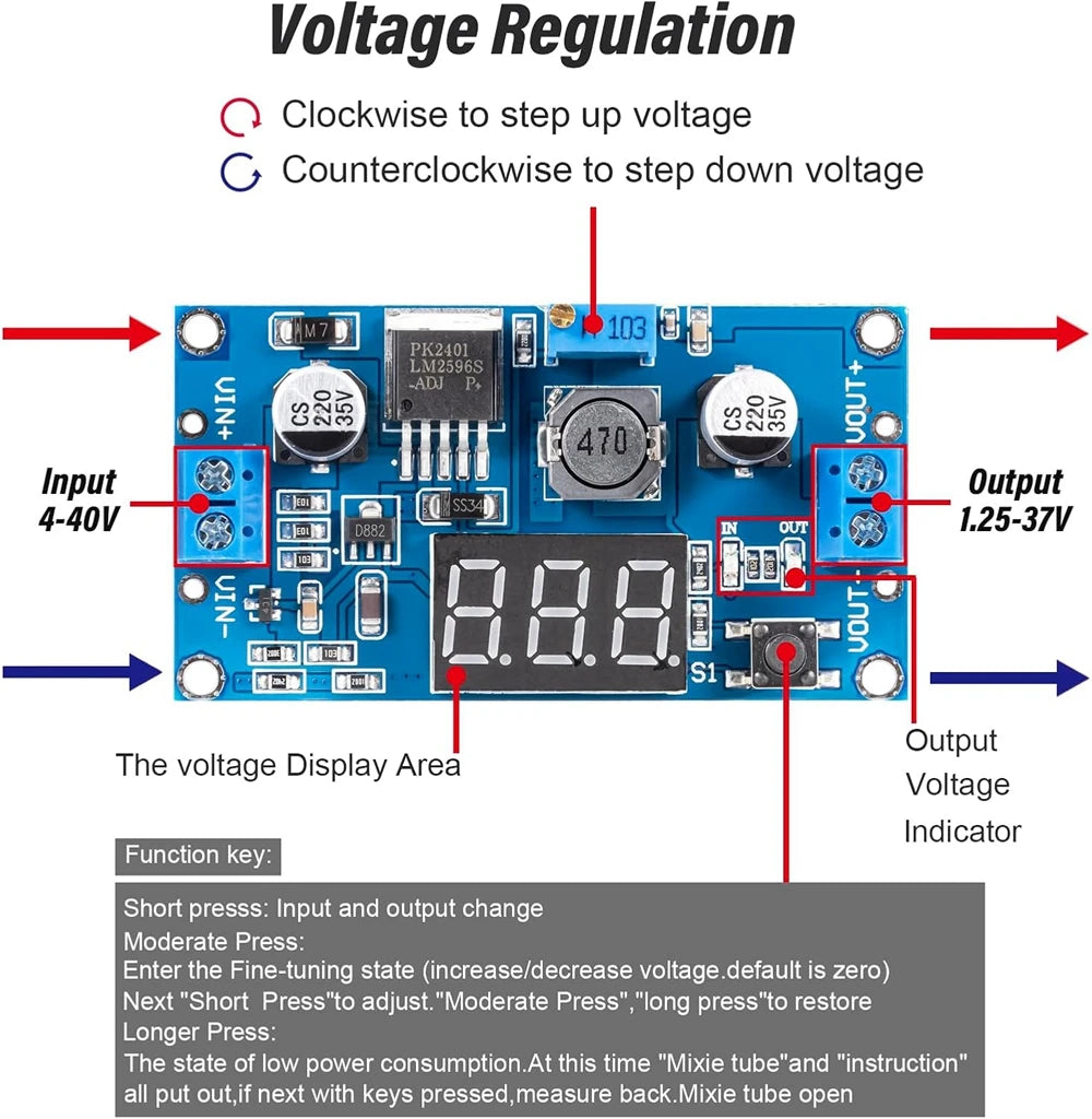 LM2596 DC DC Step Down Converter Voltage Regulator LED Display Voltmeter 4.0~40 to 1.25-37V Buck Adapter Adjustable Power Supply