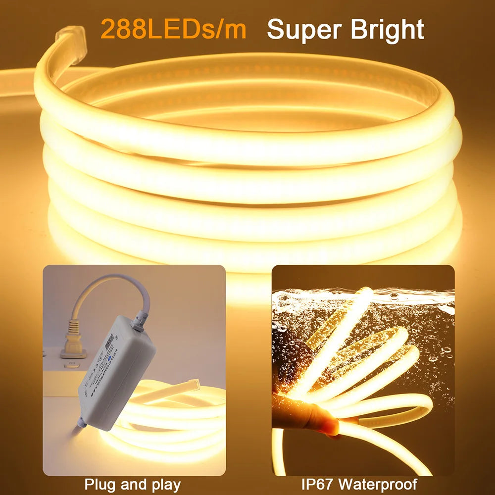 Wall Touch Wifi Bluetooth COB LED Neon Strip Light 220V Dimmable 23key Remote Control Power Kit AC 220V 288LED/m Waterproof Rope