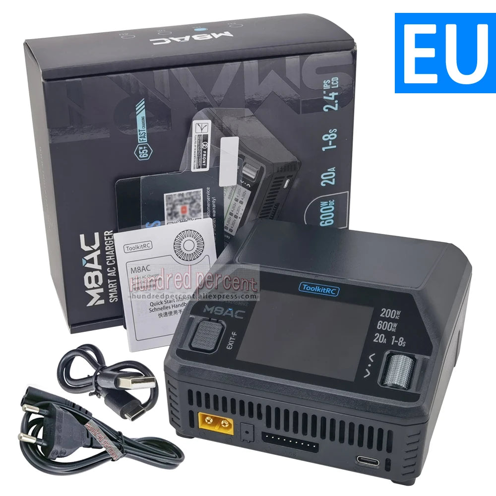 ToolkitRC M8AC Smart Lipo Battery Charger Discharger AC 200W DC 600W 20A for 1-8S LiHV Lipo Battery PD 65W FPV Model Parts Car