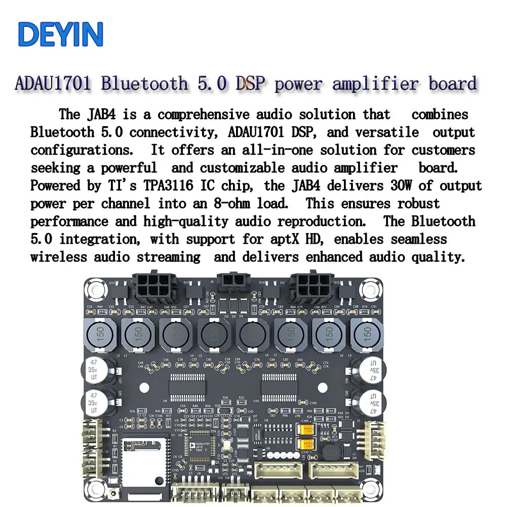 ADAU1701 DSP Bluetooth Amplifier Board 5.0 4x30W Support 4.0/2.1/2.0 Max 120W Qualcomm Bluetooth 5.0 Chip HIFI Audio System 4.2