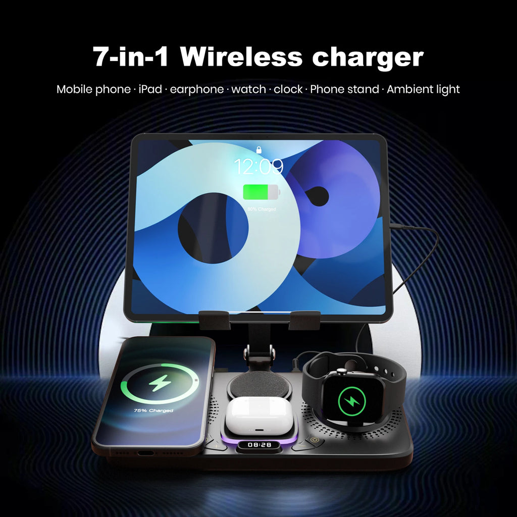 7-in-1 Wireless Charger Station 15W Fast Charging Type C Port Multi-Function Devices for iPhone 17 16 15 14 Samsung Airpods iPad