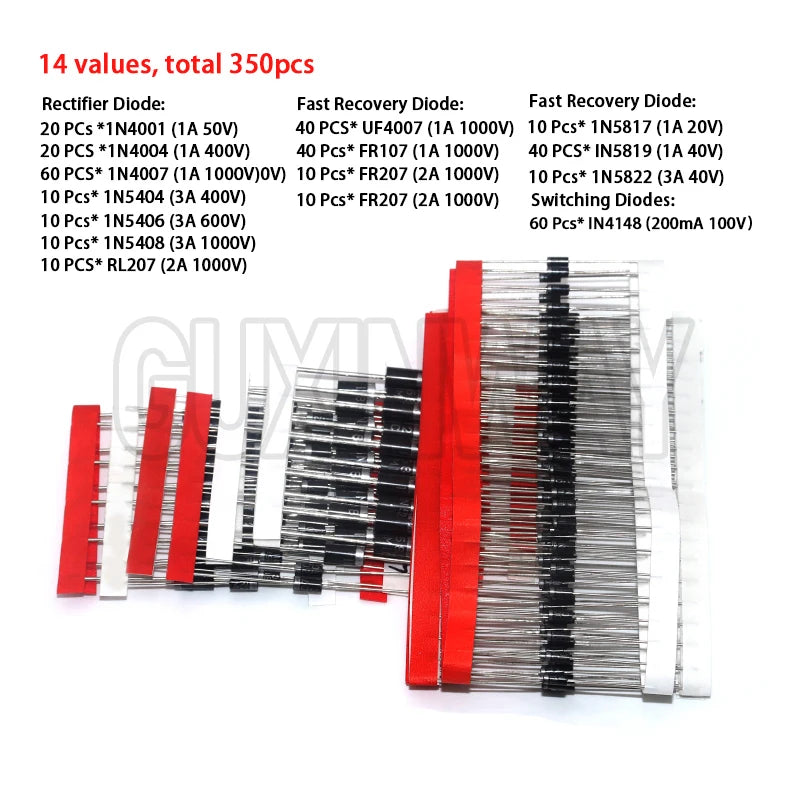 350PCS/box Diodes Kit 1N4001 1N4007 1N4148 RL207 UF4007 FR107 207 14Values Rectifier/Fast Recovery/Schottky/Switching Diode Set