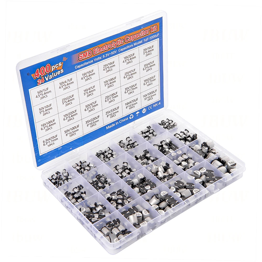 24Values 400PCS capacitor kit Aluminum Electrolytic SMD condensadores electrolíticos igmopnrq 1uF~1000uF 6.3V-50V with box kit