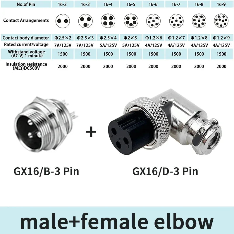 GX16 90 Degree Right Angle 16mm Aviation Connector Elbow M16-2 3 4 5 6 7 8 9 10 Pin  Female Plug Male Chassis Mount Socket