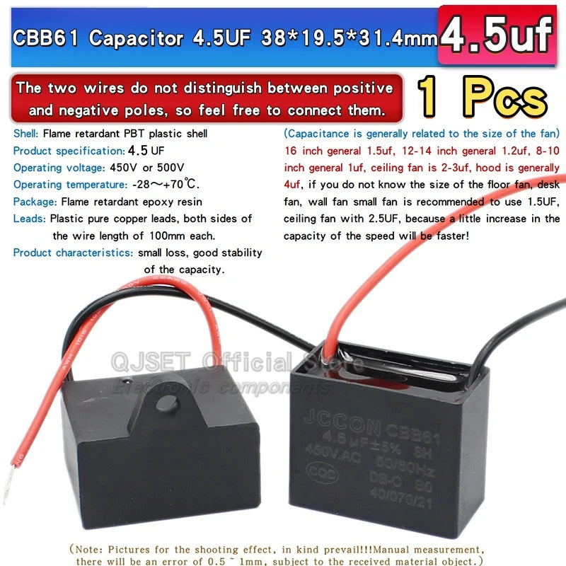 1pcs CBB61 Fan Starting Capacitor 450V 0.8/1/1.2/1.5/2/2.5/3/3.5/4/4.5/5/6/7/8/10/12/15/18/20UF Ceiling Fan Hood Motor Capacitor