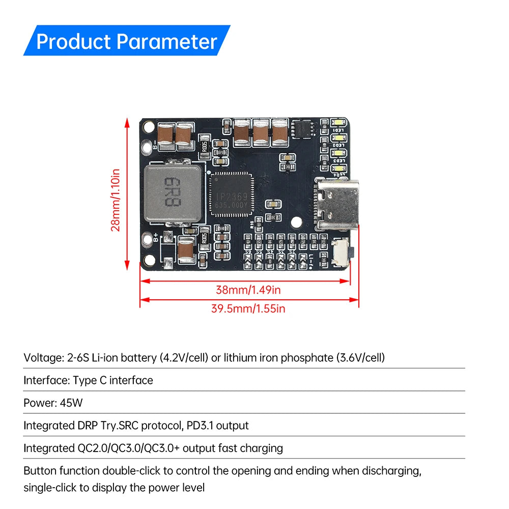 IP2369 45W 2S~6S Lithium Battery Charging Discharging Module BMS 3S 4S 5S Li-ion/LiFePO4 Batteries Charger for Power Banks Drone