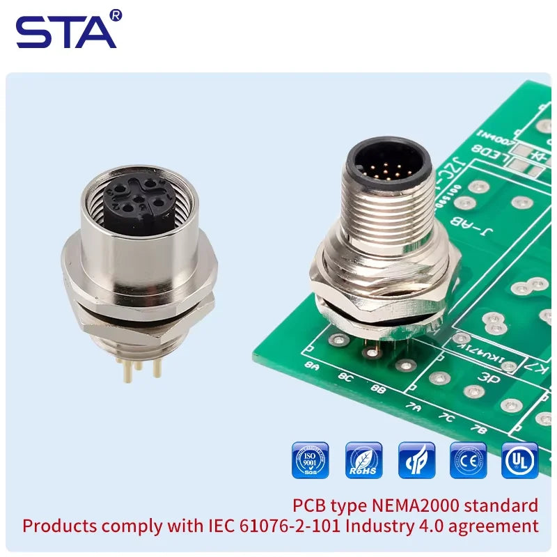 M12 Sensor Waterproof Circular Connector Panel Mount Bulkhead Installation Metal Male Female PCB Socket 2 3 4 5 6 8 12 17pin
