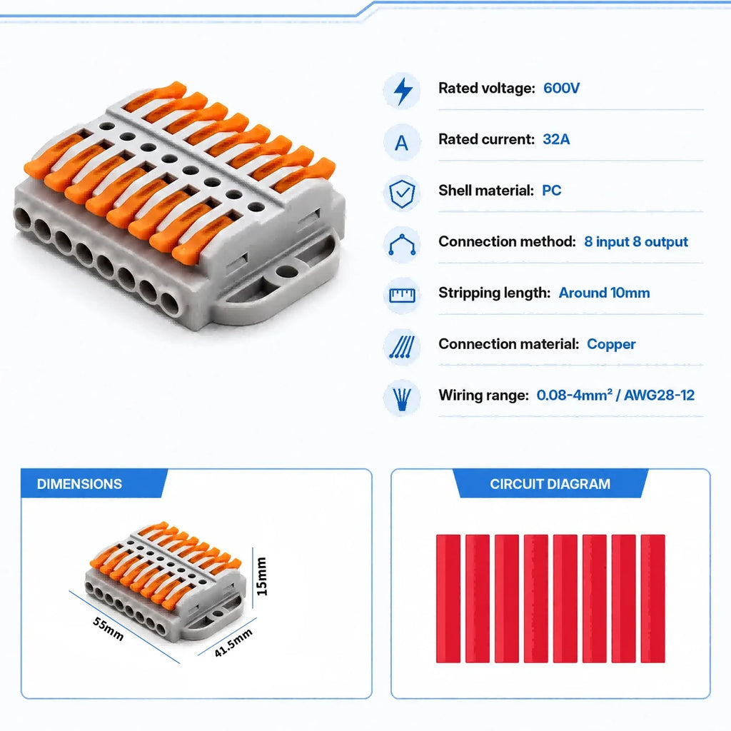 2P-30P Lever Electrical Wire Connector Terminal Block Electrical Cable Connectors Wire Terminals 1 In 1 Out Screw Mount 600V 32A