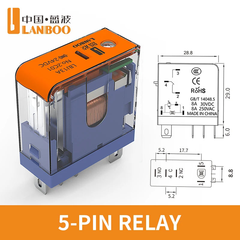 LANBOO J13A 12A/8A 12VDC/24VDC/220VAC Micro Voltage Plug-in Universal Intermediate Relay 5Pin/8Pin Base Sold Separately