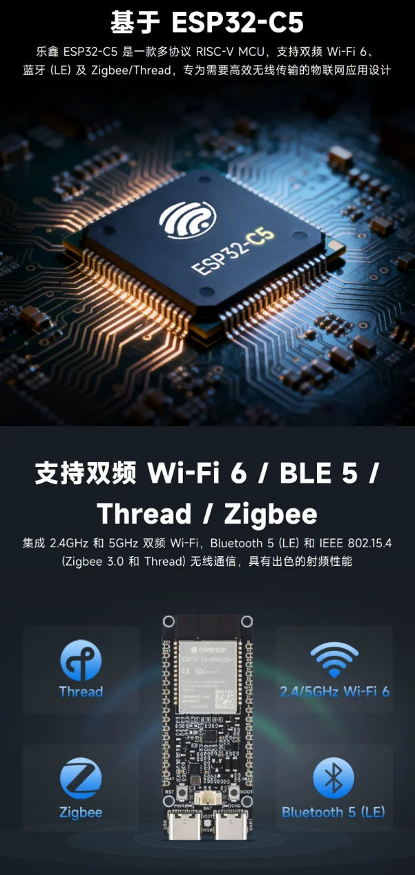 ESP32-C5 Development Board Waveshare Dual-Band WiFi6 Multi-Protocol Zigbee3.0 Thread BLE5 IoT RISC-V Microcontroller Module