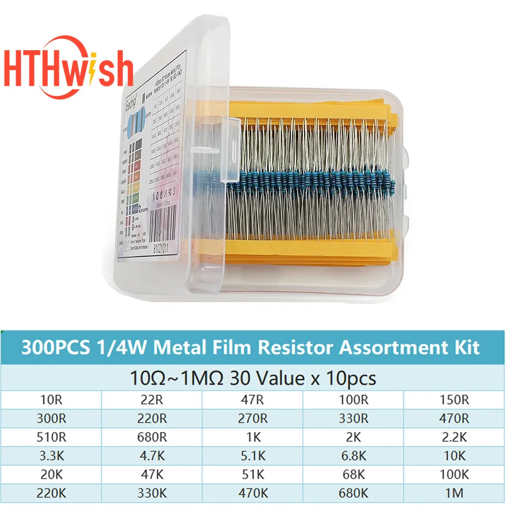 300pcs 1/4W Metal Film Resistors Kit 10Ohm ~1MOhm 30Values 1% Accuracy 0.25W Electronic Components Kit