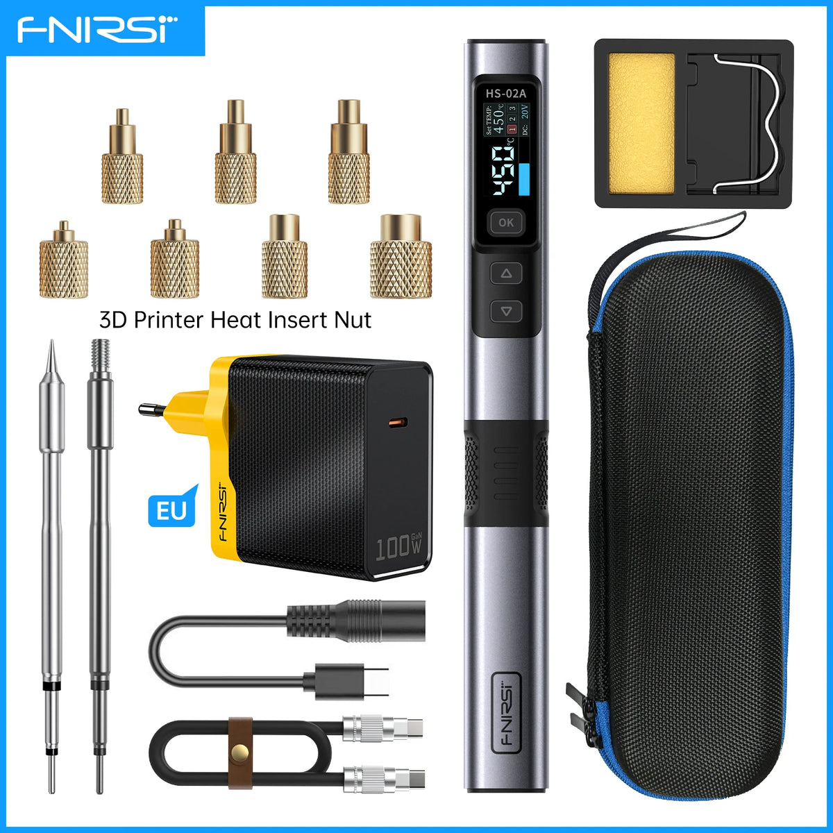 FNIRSI HS-02A Electric Soldering Iron Set with Heat Insert Nut Kit M2-M8, C245 Compatible Tips for 3D Printer and DIY Repair Job