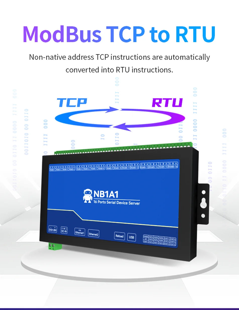 16-Channel Serial Server RS485 to Ethernet Gateway ModBus RTU to TCP CDEBYTE NB1A1 MQTT/HTTP POE Isolation Edge Computing