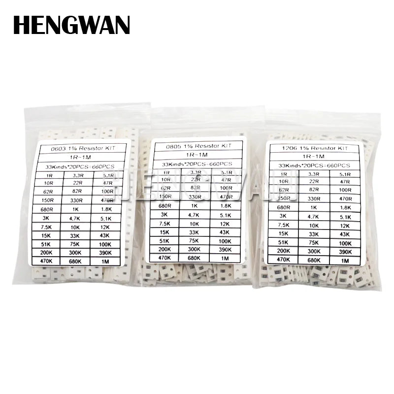 660PCS 0201 0402 0603 0805 1206 1% SMD Resistor Assorted Kit 33Values Each 20pcs 1R-1M 10K 100K 1K 100R Resistance Set